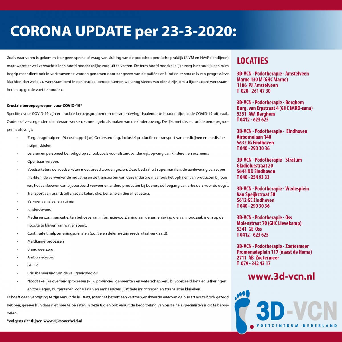 Podotherapie | Corona update 23 03 1200x1200 | 3D VCN